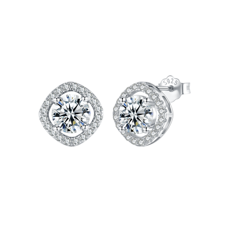 Bông tai bạc S925 đinh tán đá tròn halo zircon - K0089