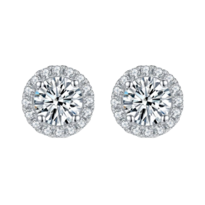 Bông tai bạc S925 moissanite tròn halo 1CT - K0102
