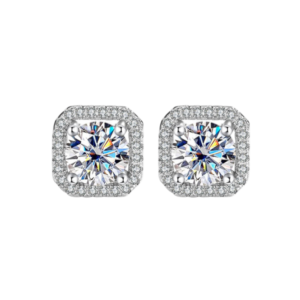Bông tai bạc S925 moissanite vuông đính halo 1CT - K0103