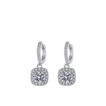 Bông tai bạc S925 moissanite vuông halo dạng vòng 1ct – K0107