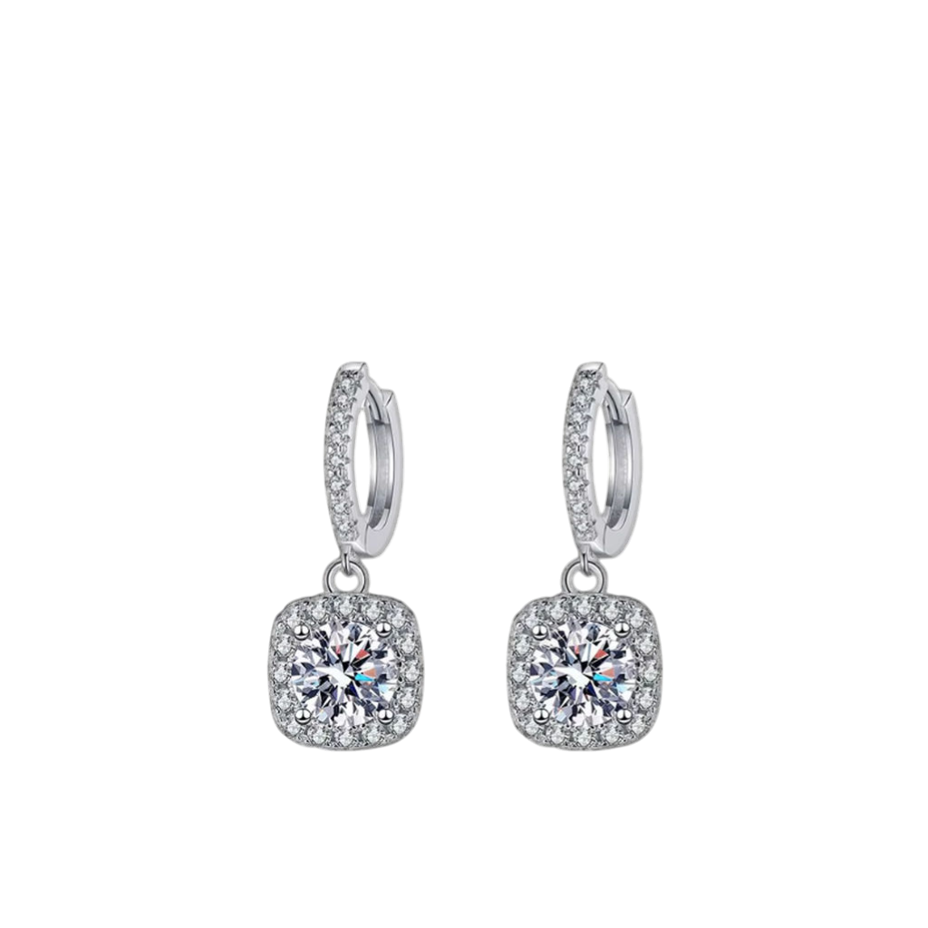 Bông tai bạc S925 moissanite vuông halo dạng vòng 1ct - K0107