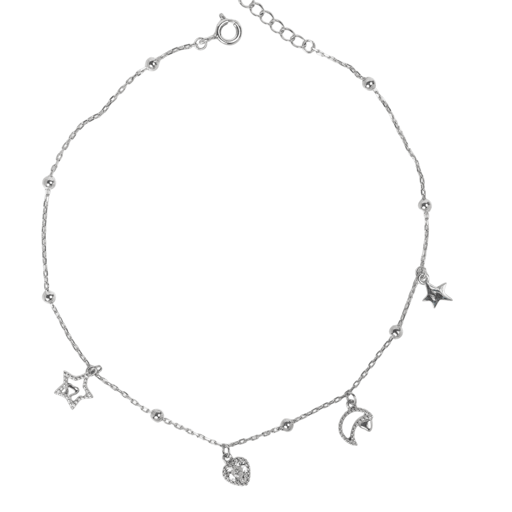 Lắc chân bạc xi họa tiết trái tim, trăng sao tinh tế - 3845