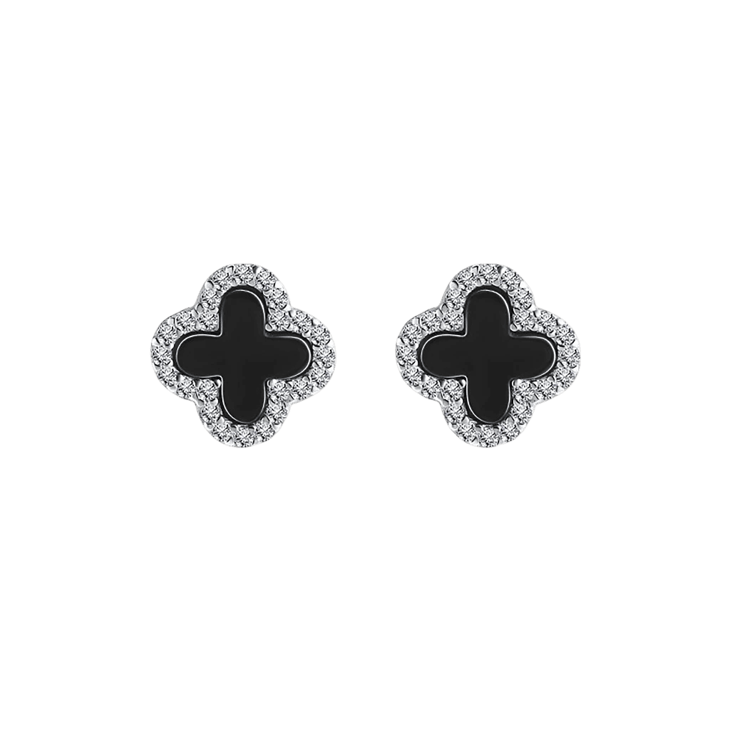 Khuyên tai bạc S925 cỏ bốn lá đen viền đá - K0216